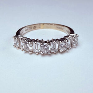 14K Solid White Gold Half Eternity Cubic Zirconia Emerald & Round CZ Band Ring